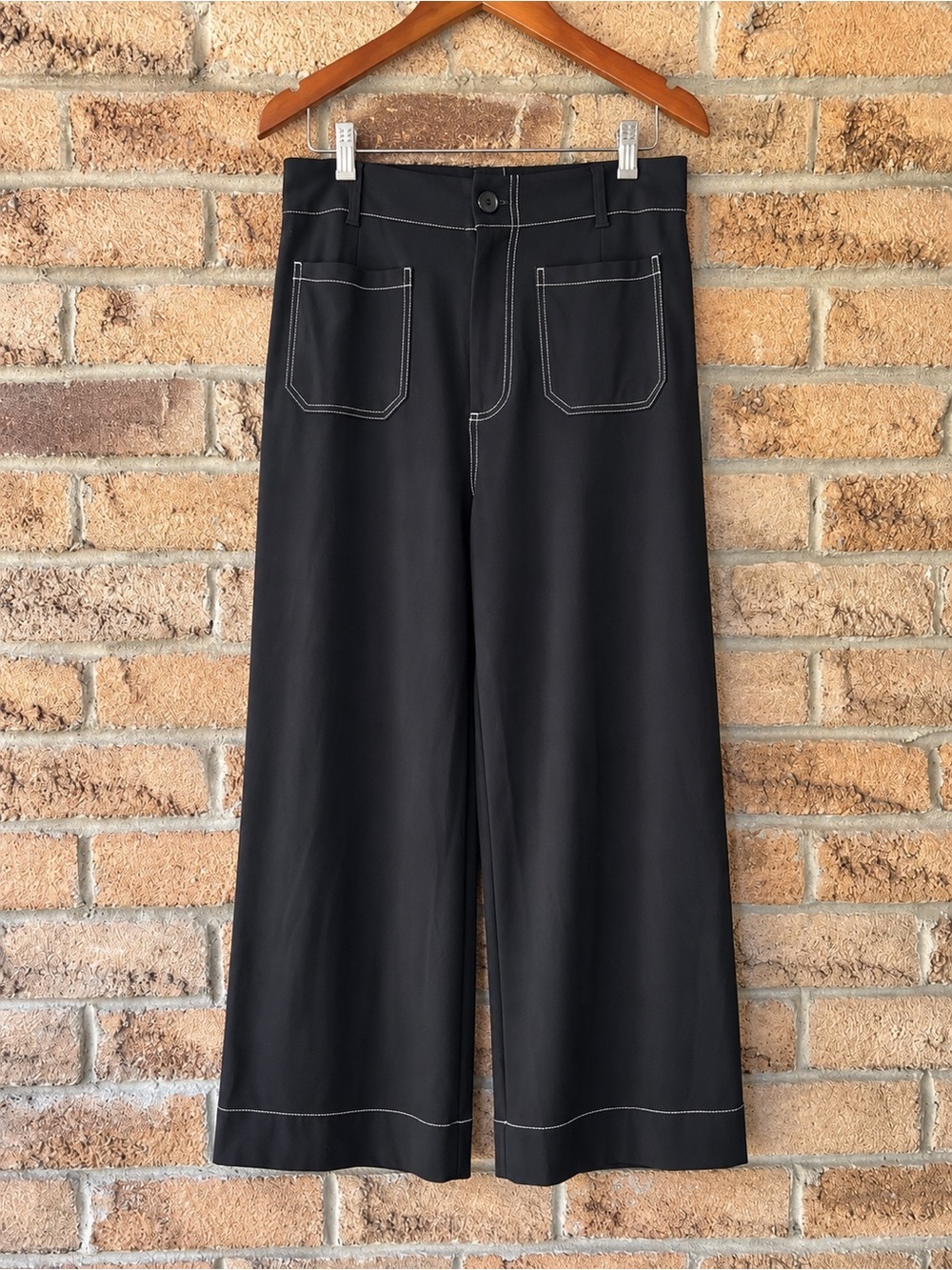 JONES NEW YORK Black Wide Leg Contrast Stitch Patch Pocket Pants Size 12